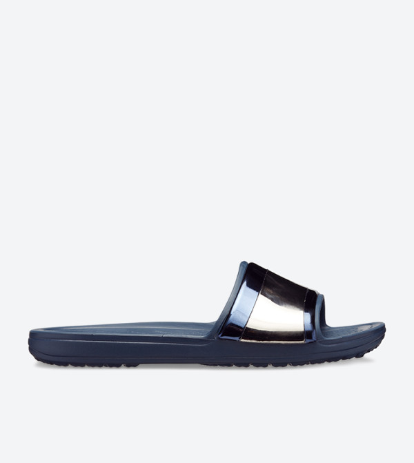 Sloane Metal Block Open Toe Sliders - Navy