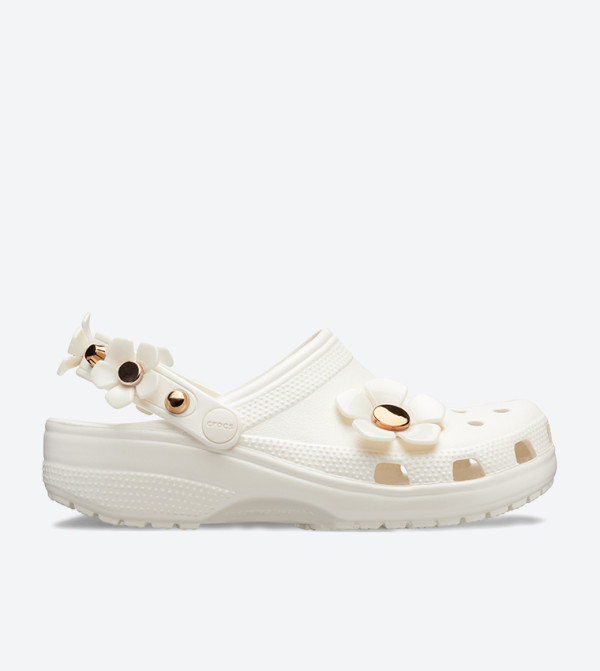Beaded Flower Detail Round Toe Clogs - Ivory