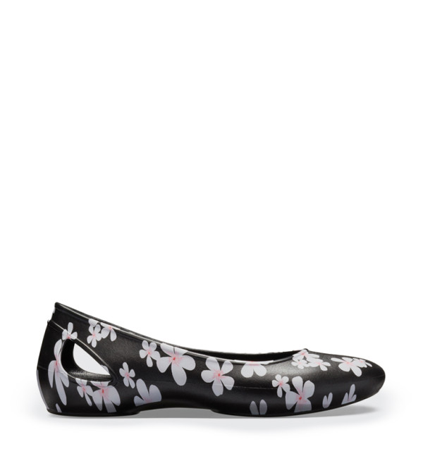 Flower Printed Detail Round Toe Ballerinas - Black