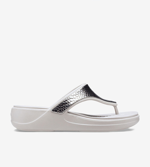 Monterey Metallic Strap Flip Flop Wedges - White