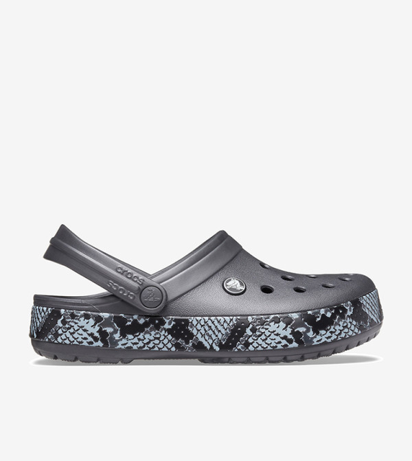 Crocband Snakeskin Printed Round Toe Clogs - Black