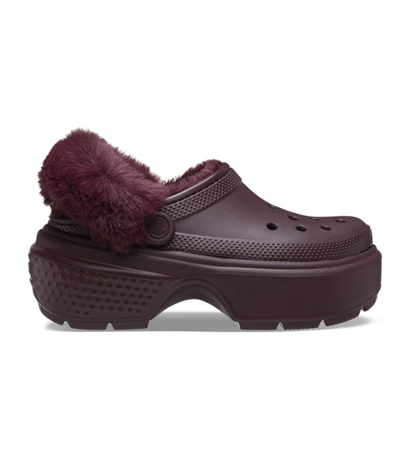 Burgundy crocs store with fur