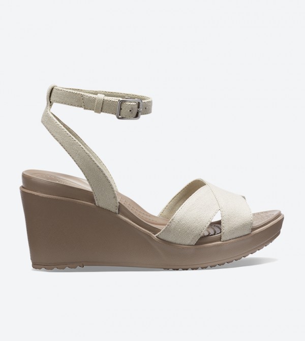 Ankle Closure Straps Round Toe Wedges - Beige