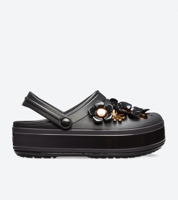 Beaded Flower Detail Round Toe Stylish Clogs - Black